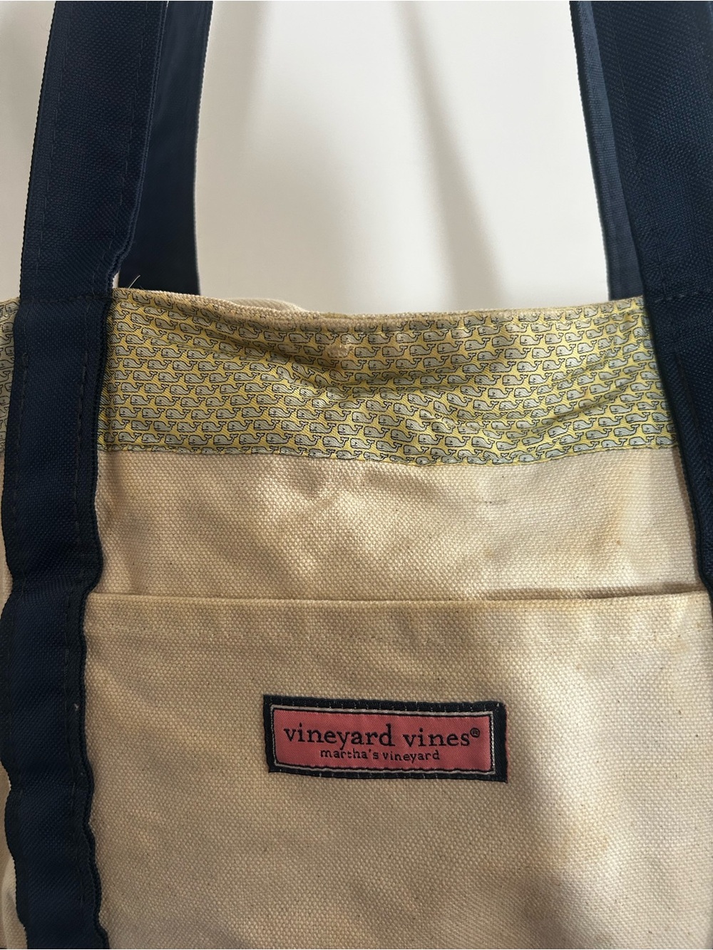 Vineyard Vines Cream Canvas Tote with Navy Straps and Pastel Trim - Picture 2 of 5